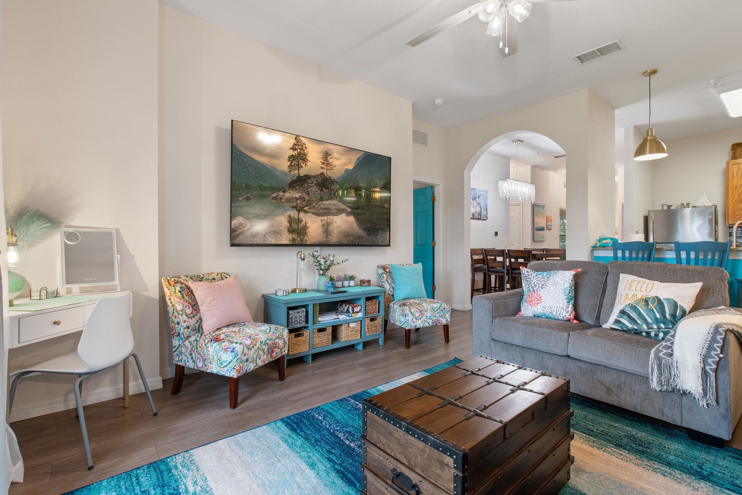 Smart TV, fireplace, table tennis, books