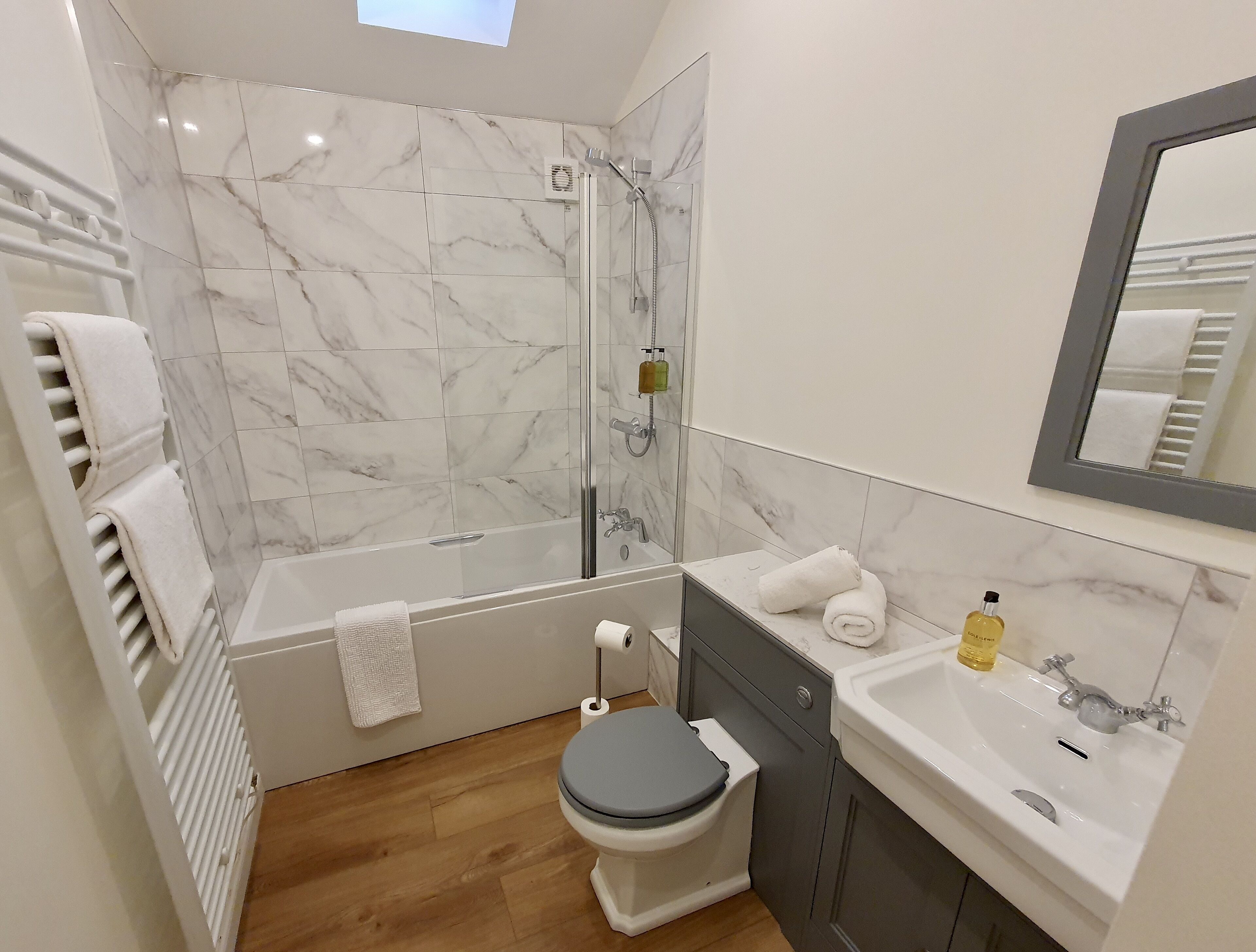 Hair dryer, towels, soap, toilet paper
