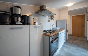 Fridge, oven, stovetop, coffee/tea maker