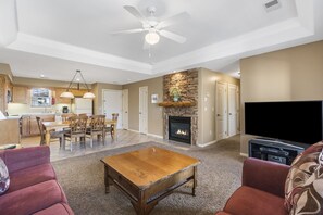 Smart TV, fireplace, DVD player