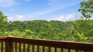 A view from a wooden balcony overlooking a dense forest with a clear sky.