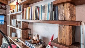 Une bibliothèque rustique remplie de livres et d’objets décoratifs, avec des étagères en bois et un fauteuil confortable.