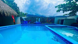 Piscina con un mural tropical de fondo, rodeada de una cerca y vegetación.