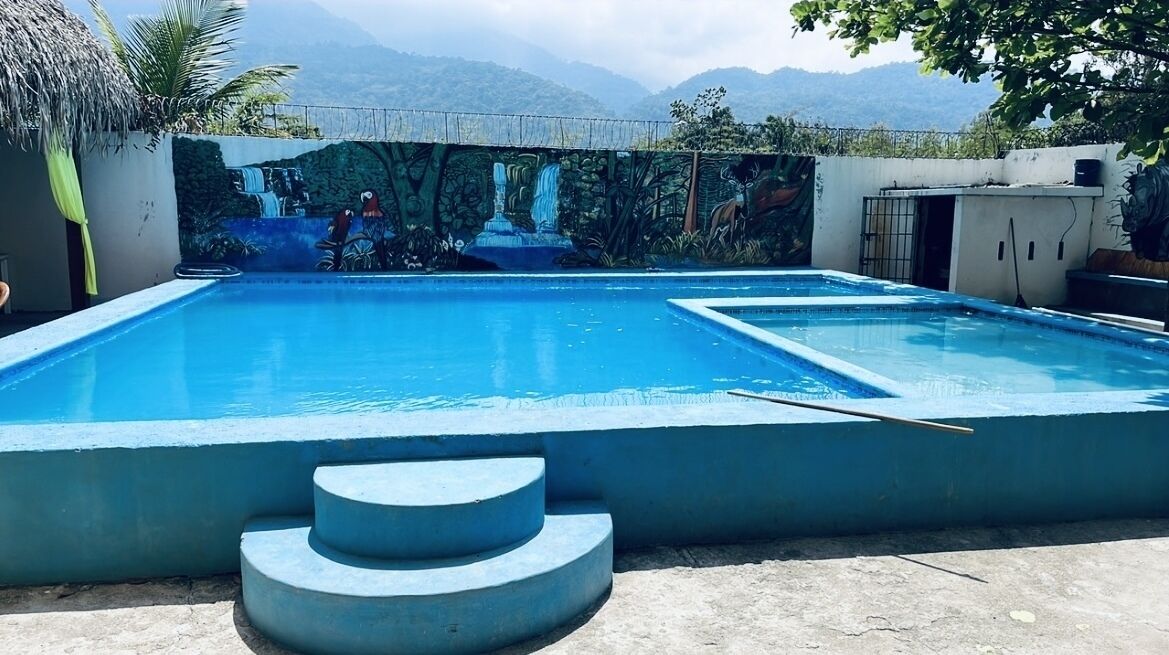 Una piscina con un mural de una cascada y una escena de selva en la pared de fondo.
