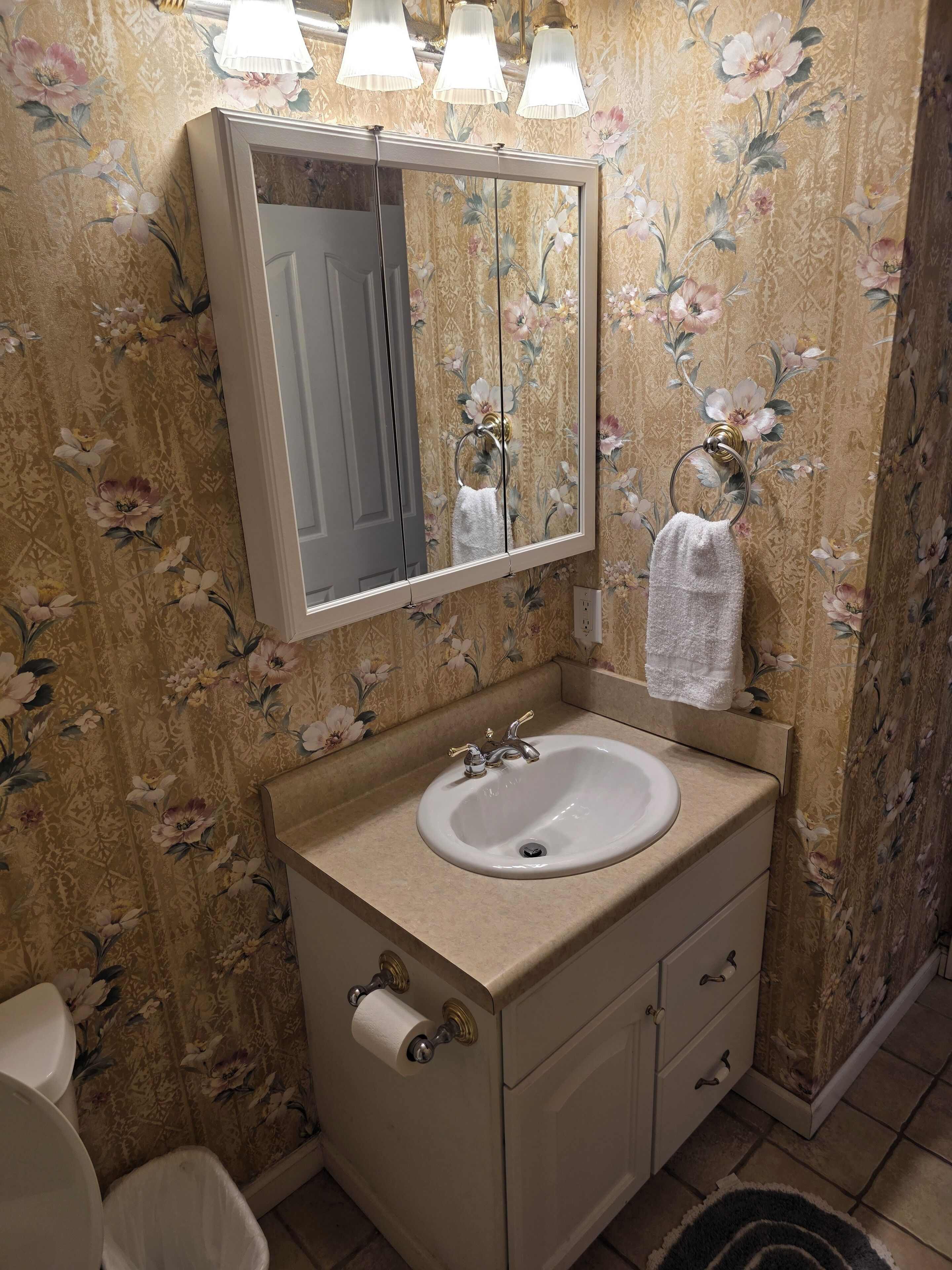 Une salle de bain avec un lavabo, un miroir et des toilettes.