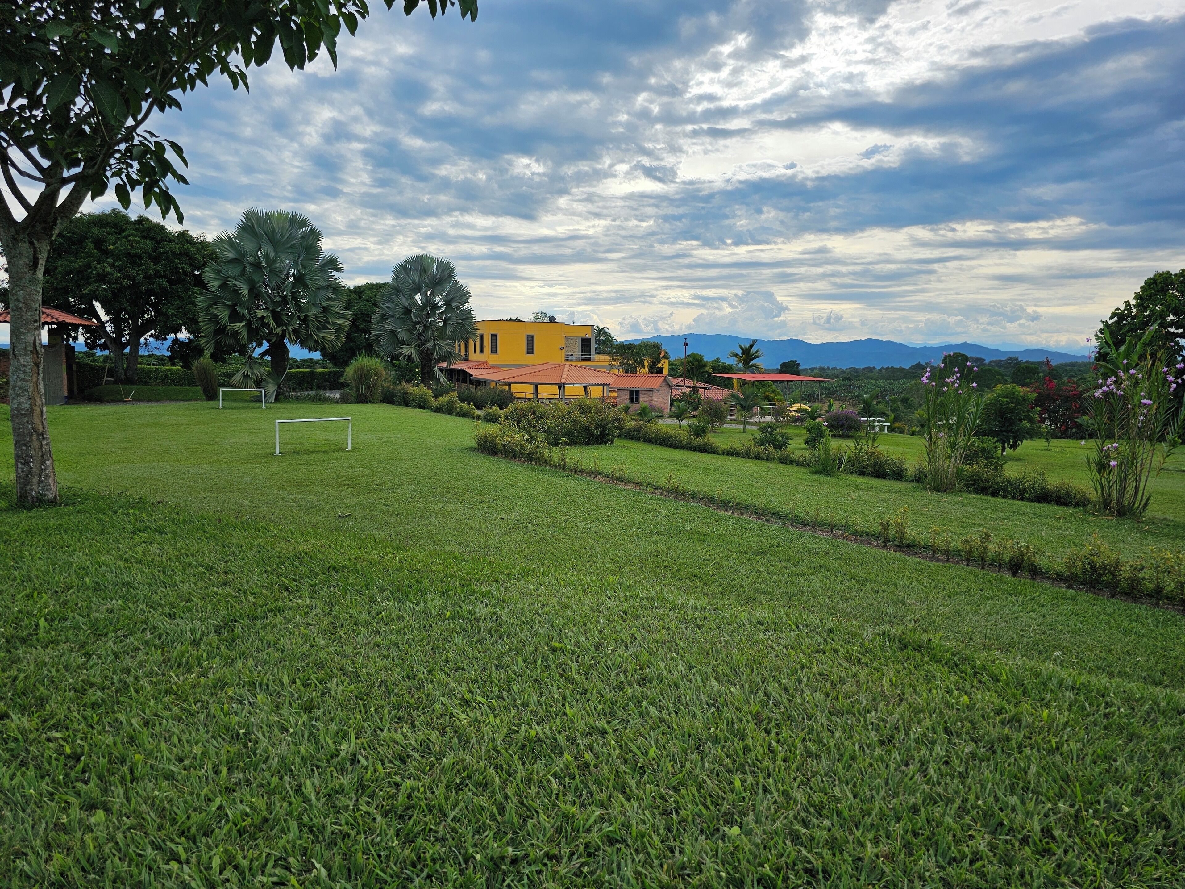 A grassy field with a soccer goal, a yellow building, and a red-roofed structure in the background.