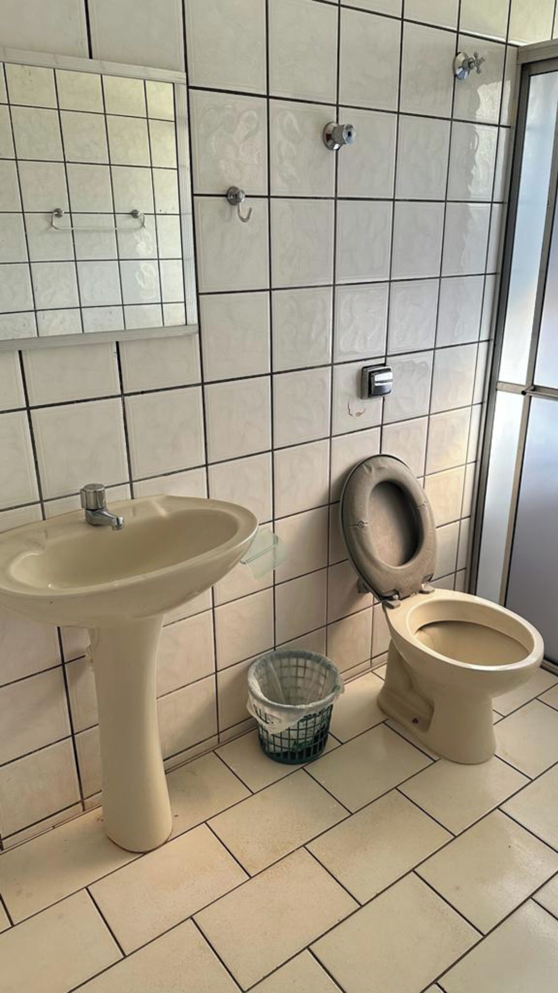 A bathroom with a sink, toilet, and a trash bin.