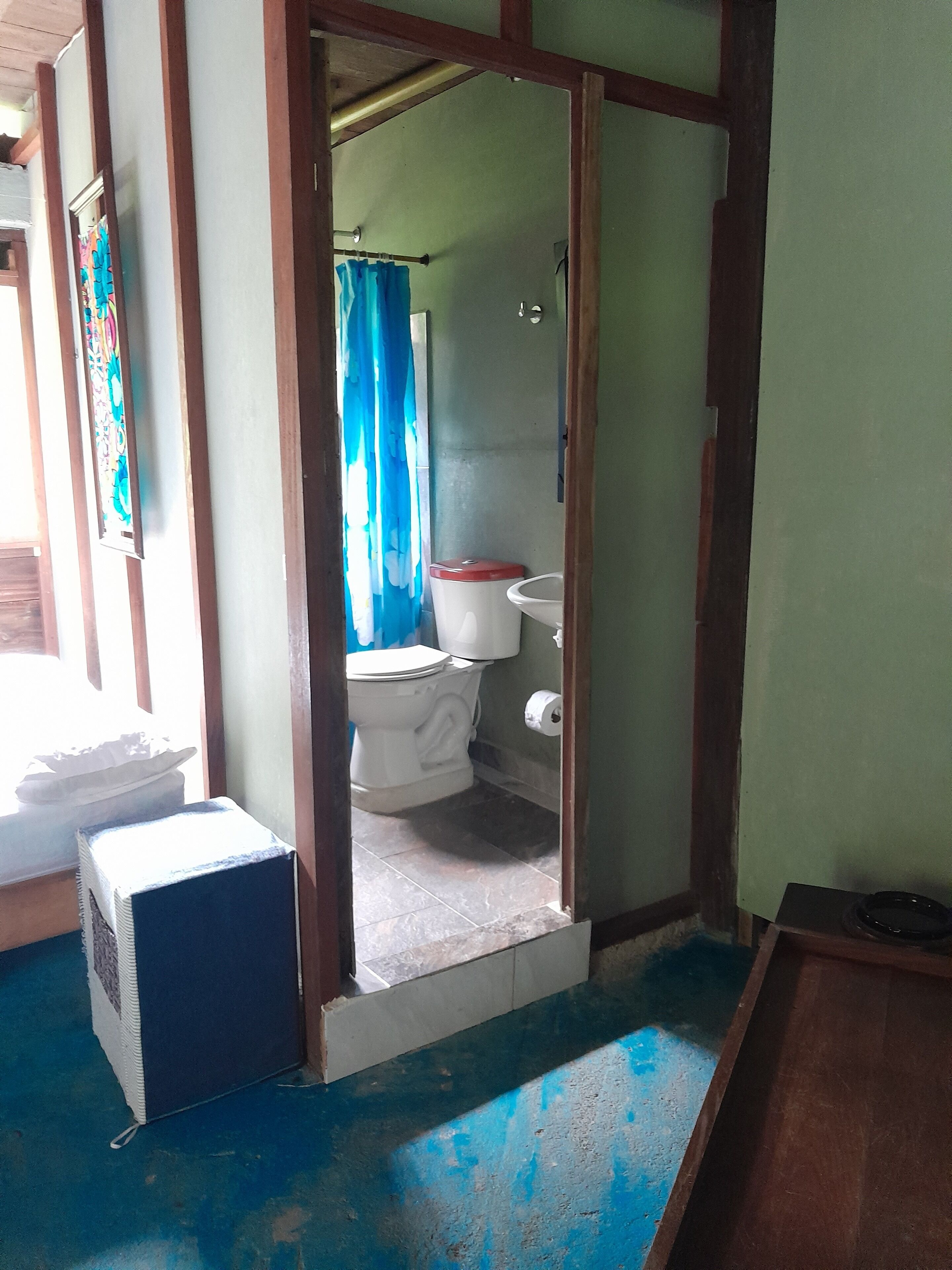 A bathroom with a toilet, sink, and blue curtain.