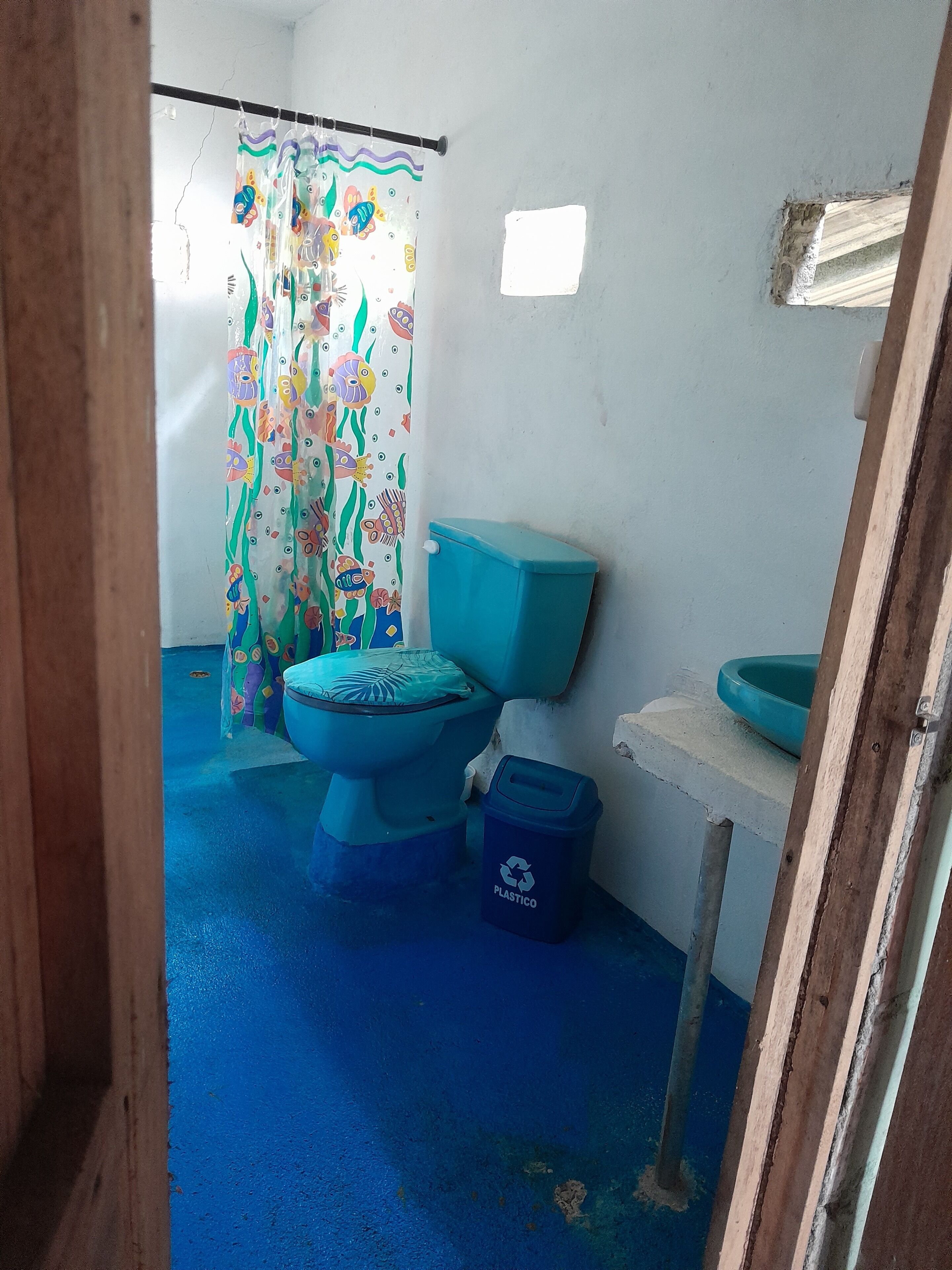Un baño con inodoro, un cubo de basura azul, lavamanos y cortina de ducha.