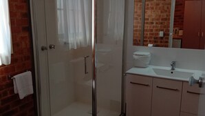 Baño con cabina de ducha de vidrio, lavamanos blanco y espejo.