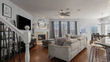 Smart TV, fireplace, foosball