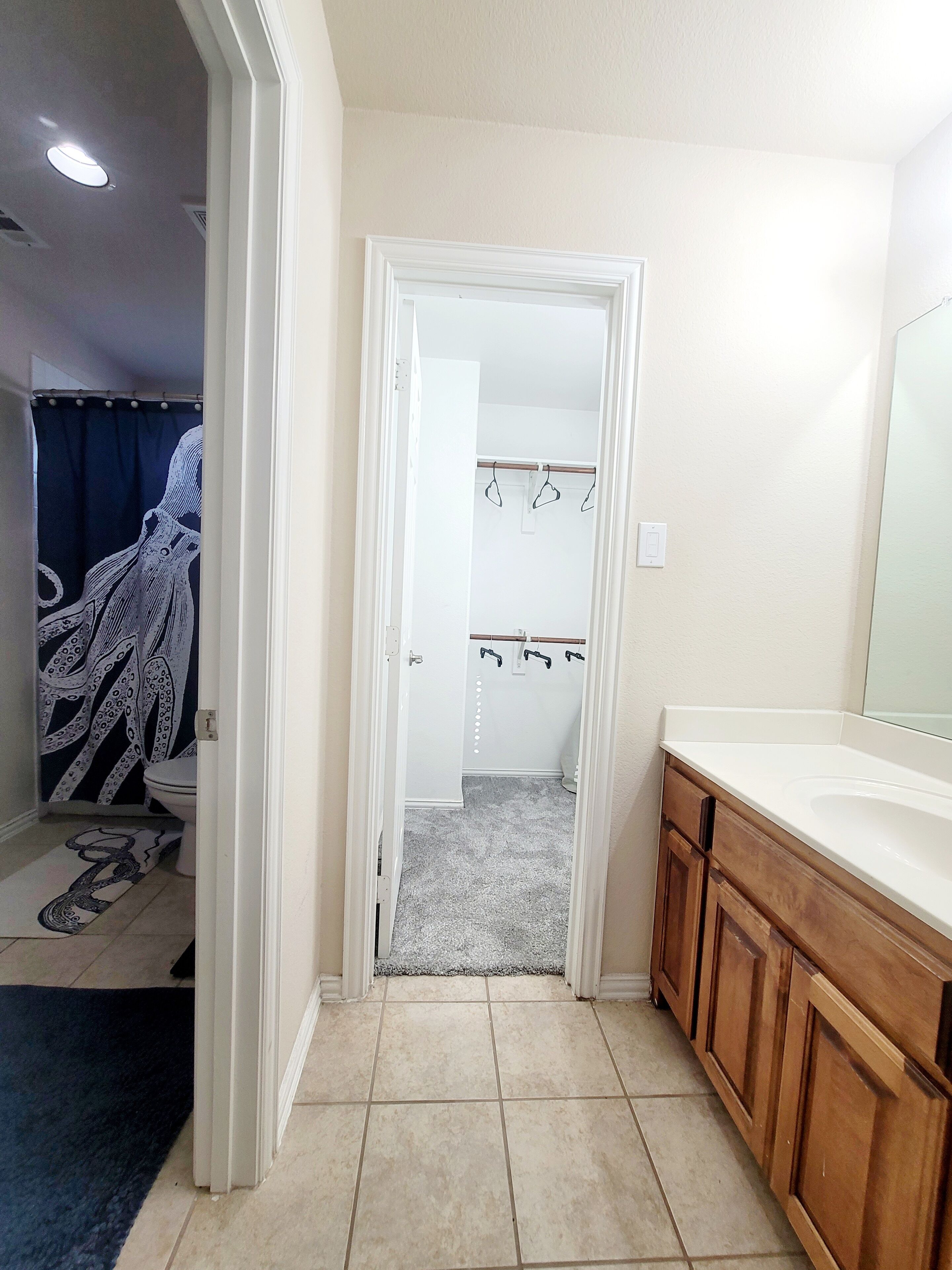 Une salle de bain équipée d’une douche, de toilettes et d’un meuble-lavabo avec un miroir.