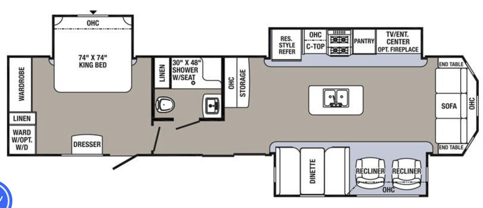 A hotel room layout with a king bed, dresser, linen closet, storage, and a TV/entertainment center.