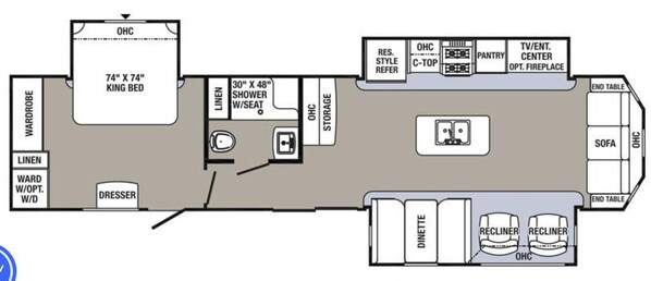 Un plan d’aménagement de chambre d’hôtel comprenant un lit « king size », une commode, un placard à linge, des espaces de rangement et un meuble pour la télévision et les équipements de divertissement.