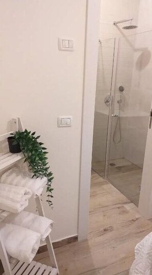 Douche, serviettes fournies, savon