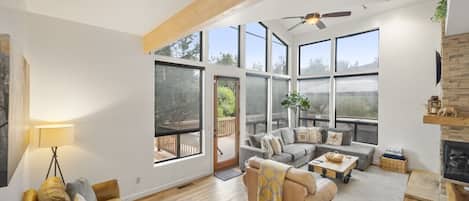Smart TV, fireplace, stereo
