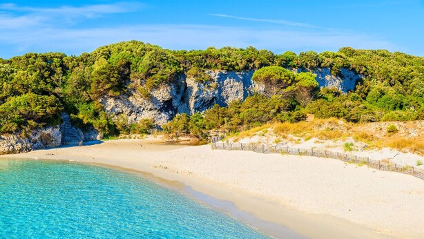 A beach with clear turquoise water, sandy shore, and a rocky cliff with dense vegetation. - Propriété de Charme à Bonifacio (Bonifacio)
