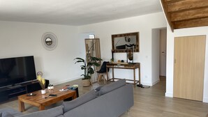 A modern living room with a grey sofa, a wooden coffee table, a TV, and a plant.