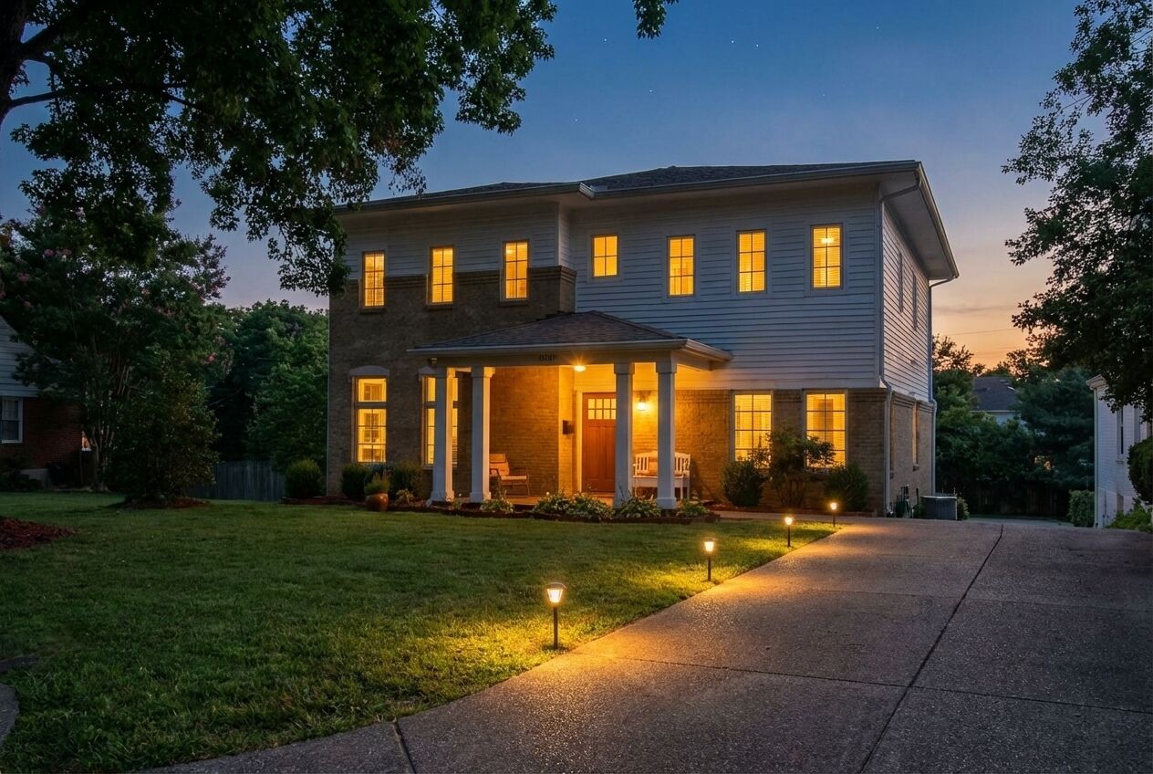 A two-story house with a covered porch and a well-lit front yard.