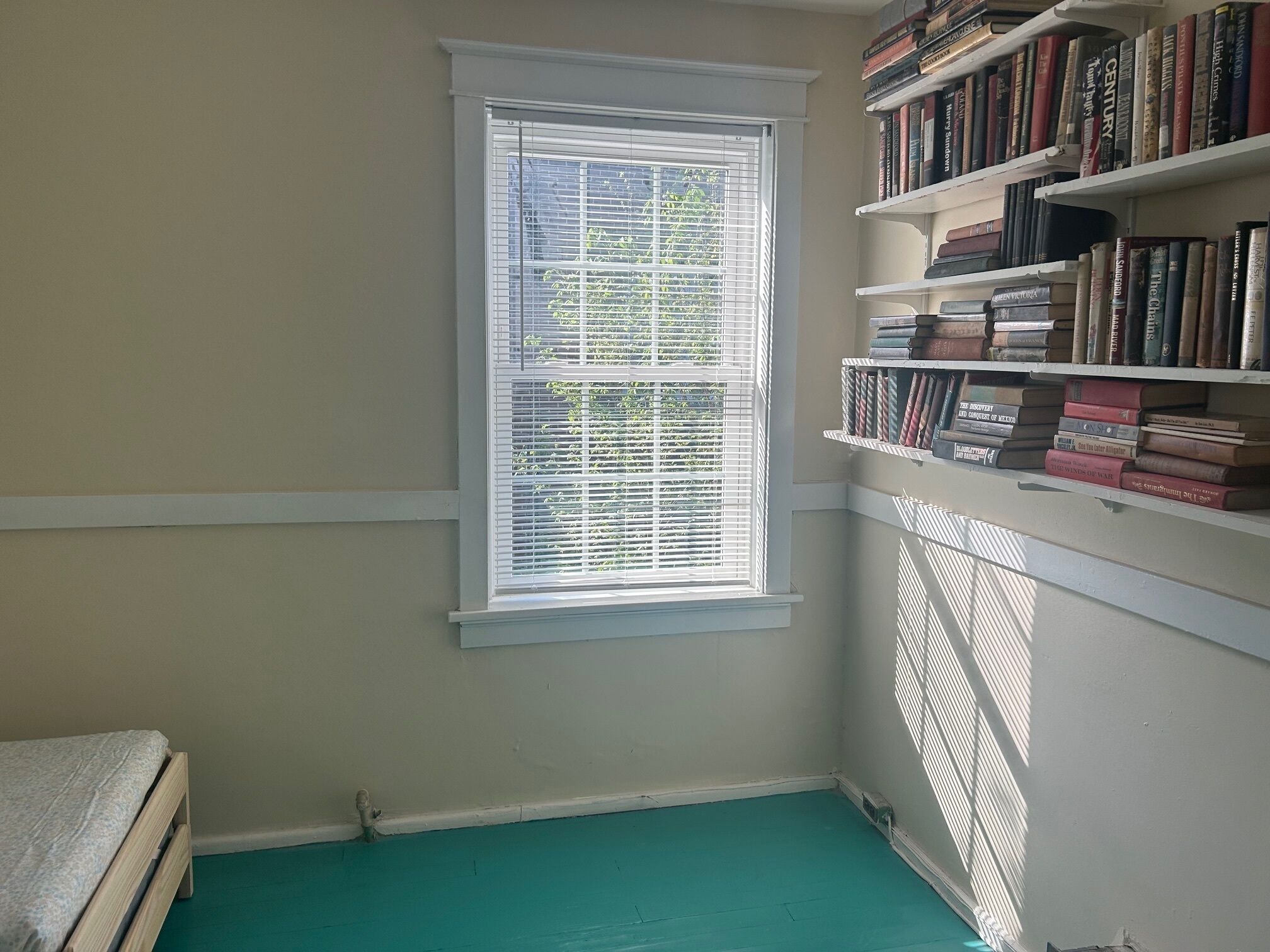 A room with a window, a bookshelf, and a teal floor.