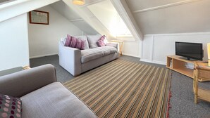 Ein gemütliches Schlafzimmer im Loft-Stil mit grauem Sofa, einem Streifen Teppich, einem Fernseher auf einem Holzständer und einer schrägen Decke.