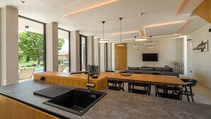 Cozinha moderna com uma ilha grande, eletrodomésticos embutidos e vista para um jardim.