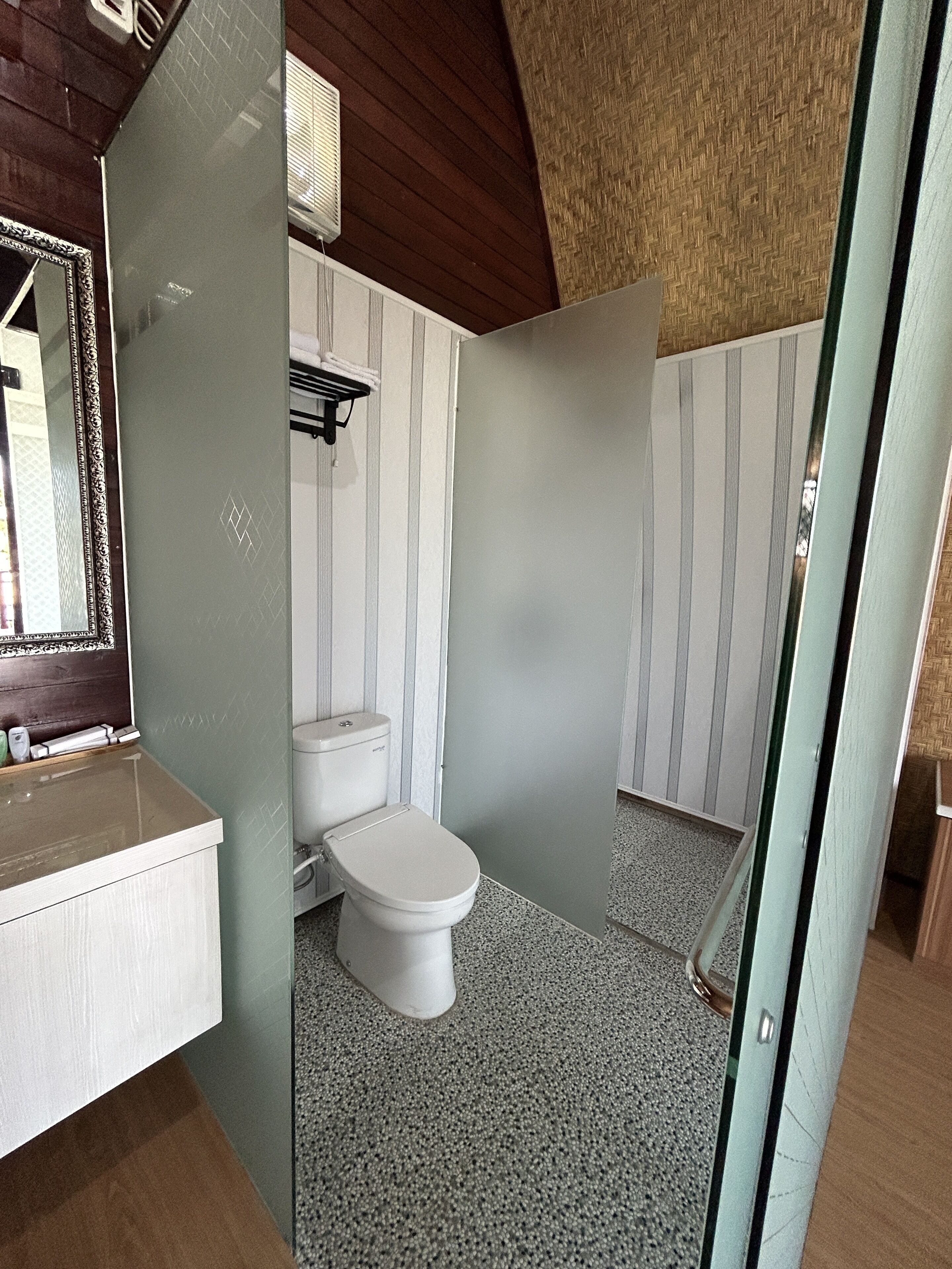 A bathroom with a toilet, a sink, and a mirror.