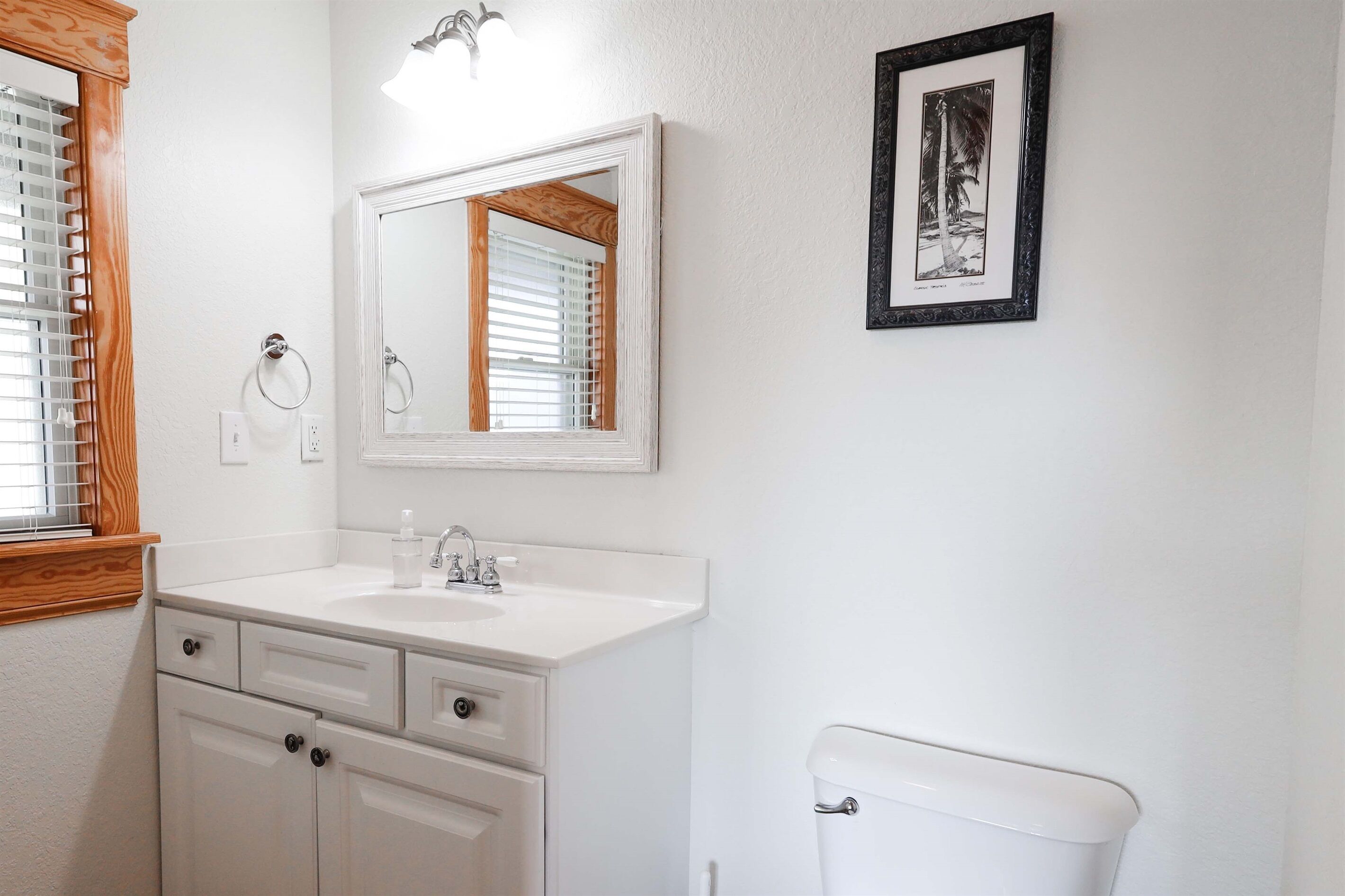 A bathroom with a white sink, a mirror, a toilet, and a framed picture on the wall.