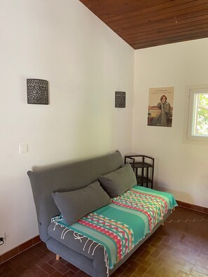 A room with a grey sofa, a patterned throw blanket, two wall-mounted decorative panels, a poster, and a window with a view of greenery.