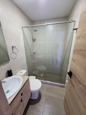 Shower, towels, soap, shampoo