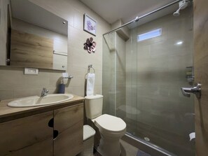 Regadera, toallas, jabón, shampoo 