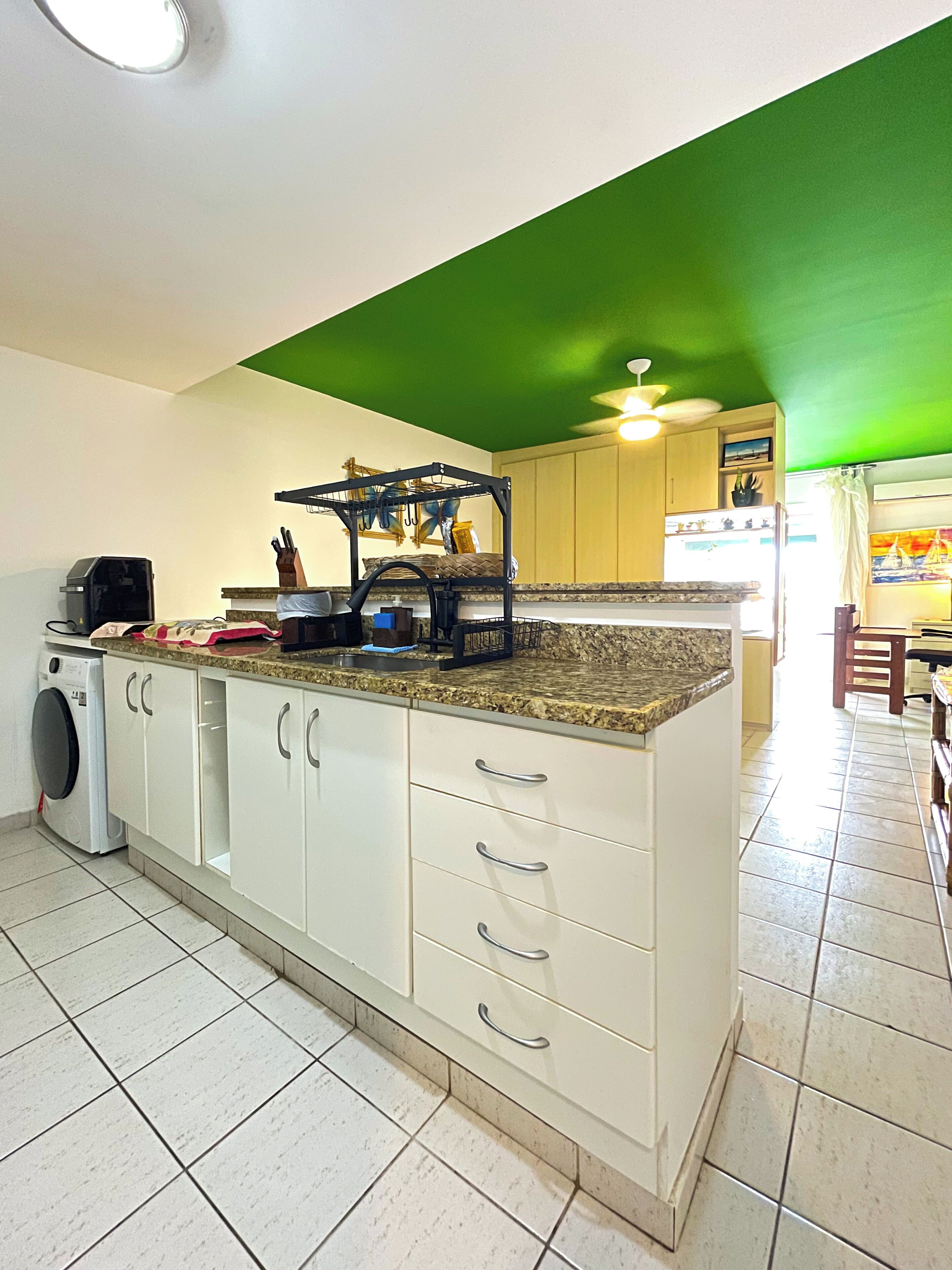 A kitchen with white cabinets, a built-in oven, and a green ceiling.