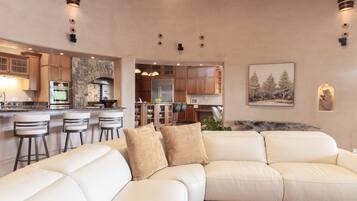 Smart TV, chimenea, biblioteca de música, estéreo