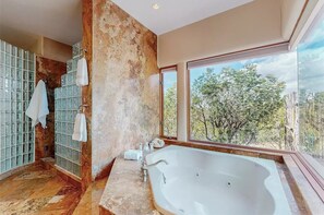 Shower, jetted tub, hair dryer, towels