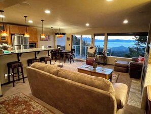 TV connectée, cheminée, lecteur de DVD, livres