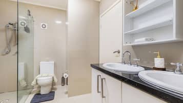 Shower, hair dryer, towels, soap