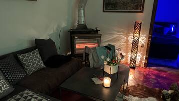 Smart TV, fireplace, books