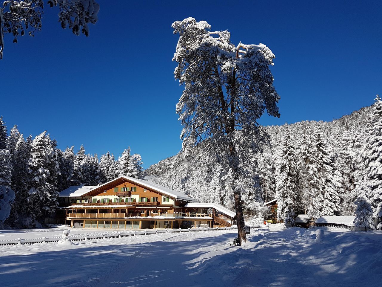 Eine schneebedeckte Lodge mit mehreren Balkonen, umgeben von Bäumen und blauem Himmel.