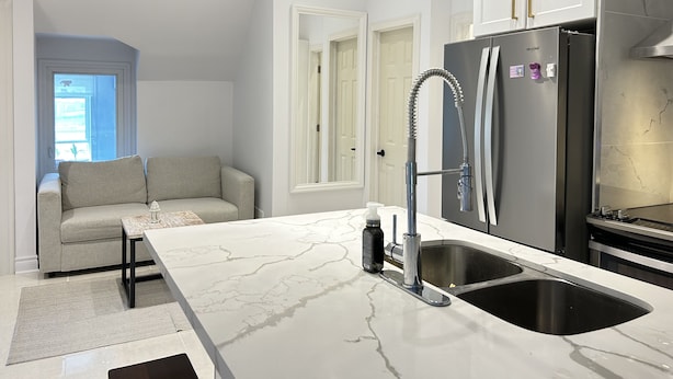 A modern kitchen with a marble countertop, stainless steel appliances, and a built-in sink. - Cozy 2-Bedroom Apartment In Historical Building.  (Grimsby)