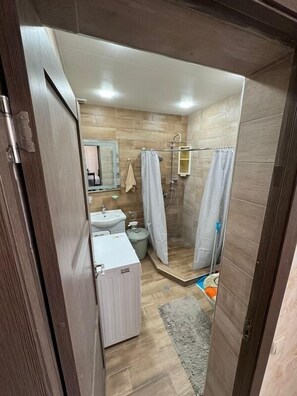 Secador de cabelo, toalhas de banho, shampoo, papel higiênico