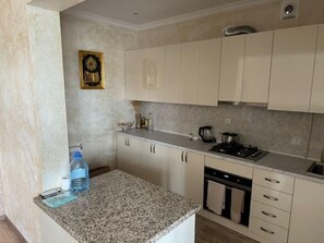 Fridge, oven, stovetop, coffee/tea maker