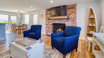 Smart TV, fireplace, books