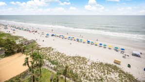 A beach with umbrellas and people. - Stunning Ocean Front Efficiency (Myrtle Beach)