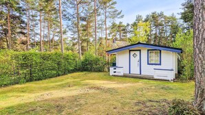 Un piccolo chalet a un piano con una porta e davanzali blu, circondato da un prato curato e da una fitta foresta.