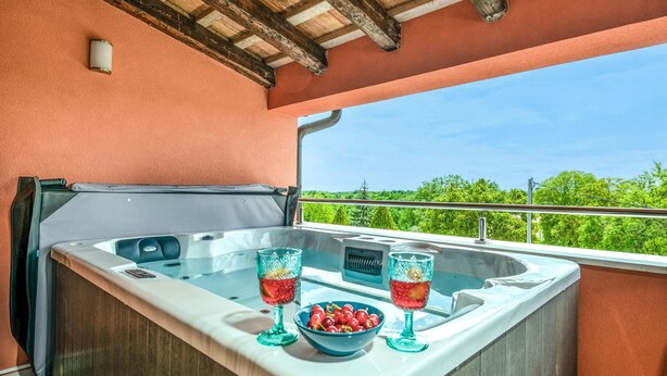 Un bain à remous avec deux verres et un bol de cerises, sur un balcon offrant une vue sur la verdure.