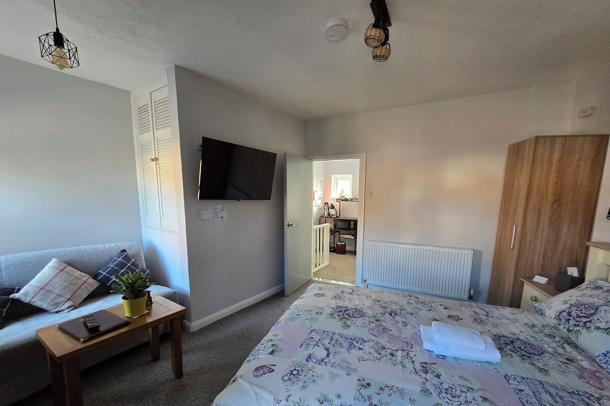 A bedroom with a bed, a sofa, a TV mounted on the wall, a wooden wardrobe, and a small table with a plant.