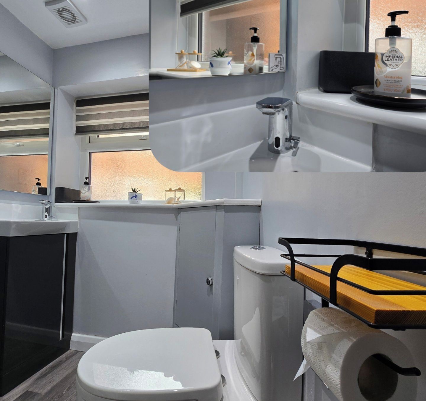 Un baño pequeño con inodoro, lavabo y un estante con artículos de aseo.