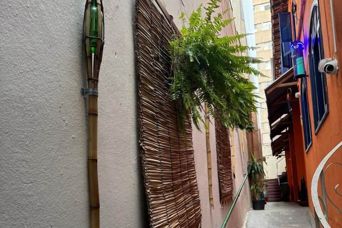 A narrow alleyway with a bamboo wall, a metal railing, and a potted plant.