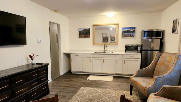 A modern kitchen with white cabinets, a stainless steel refrigerator, a microwave, and a flat-screen TV. - Fireweed 2 Bedroom by airport; lakes, trails, fishing, skiing, hiking! (Anchorage)