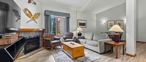 Télévision, cheminée, lecteur de DVD